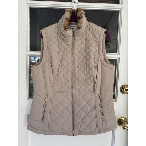 Calvin Klein Women’s Khaki Vest with Faux Fur Collar Gold Zipper Size L - Picture 6 of 8
